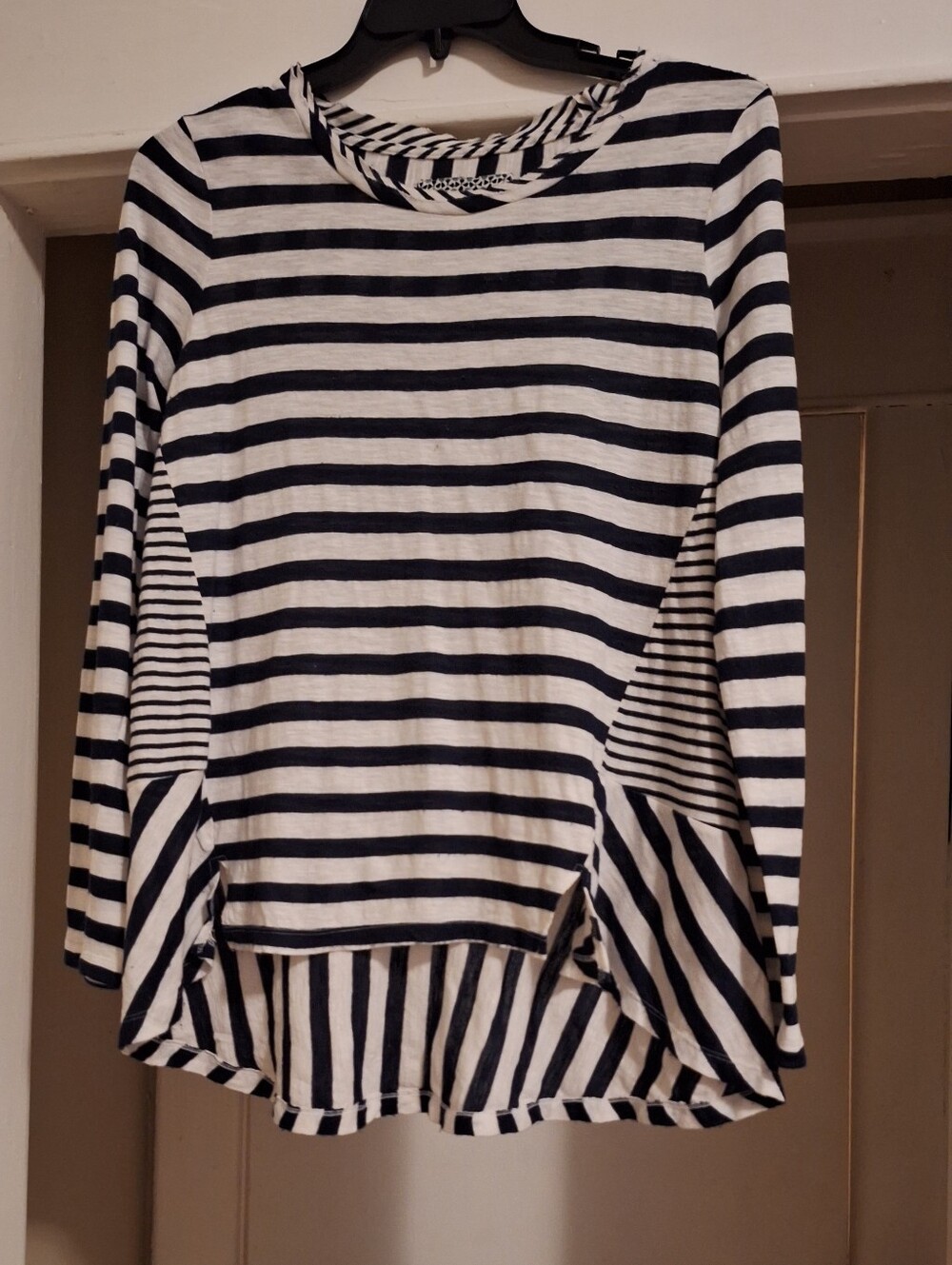 Maeve Navy and White Striped High-Low Long Sleeve Top